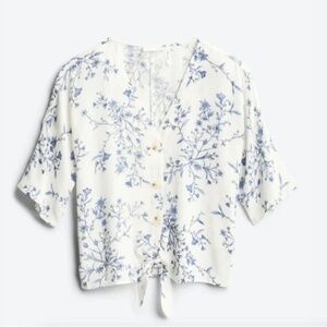 LUQ Blue Floral Front Tie White Blouse